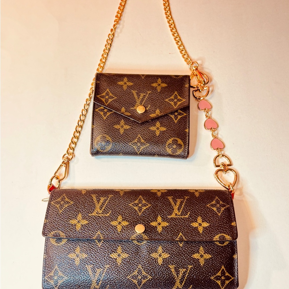 Louis Vuitton Brown Monogram Chain Clutch with Pink Heart Accents